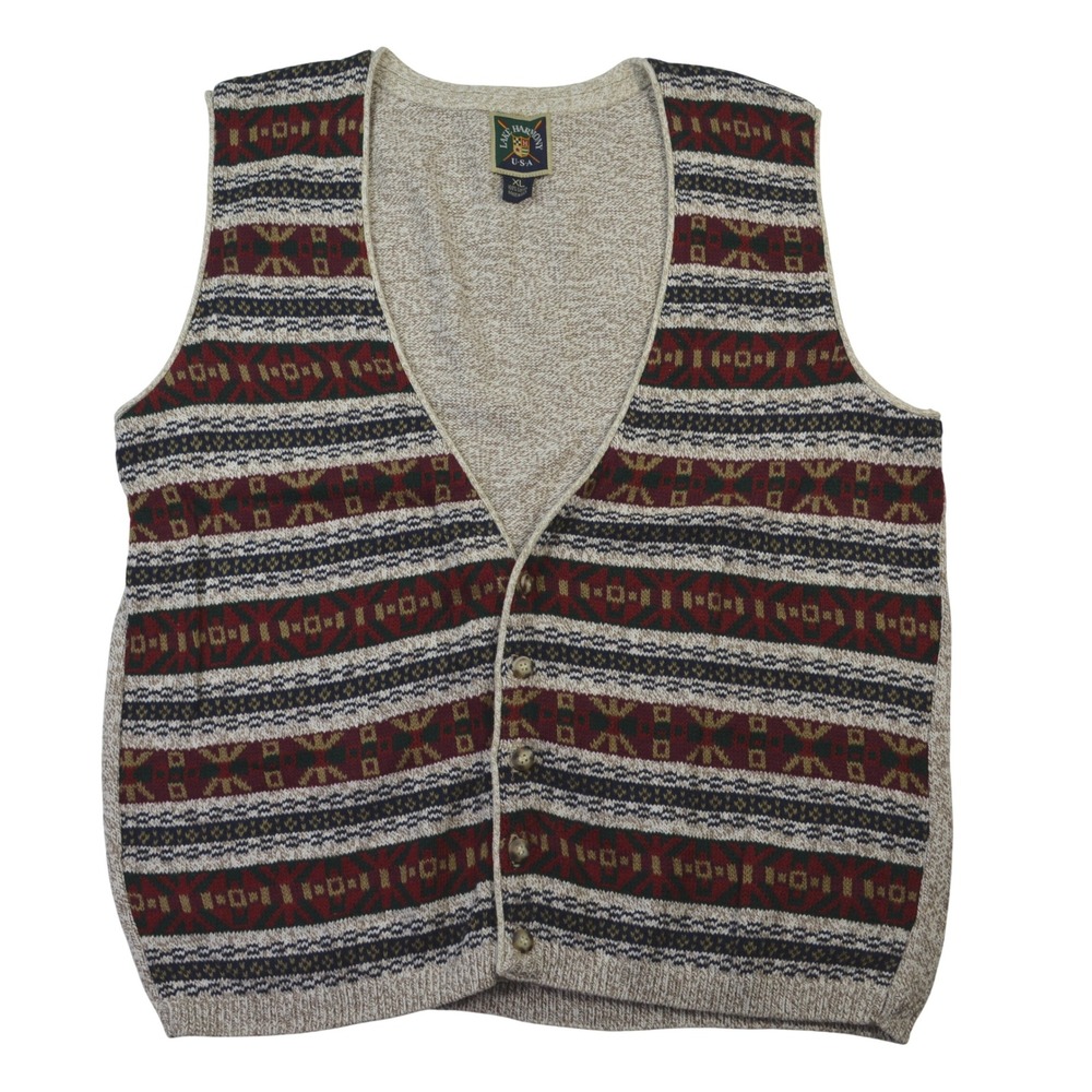 Lake Harmony Made in USA Mens XL Knit Vest Geometric Pattern Button Front Cotton